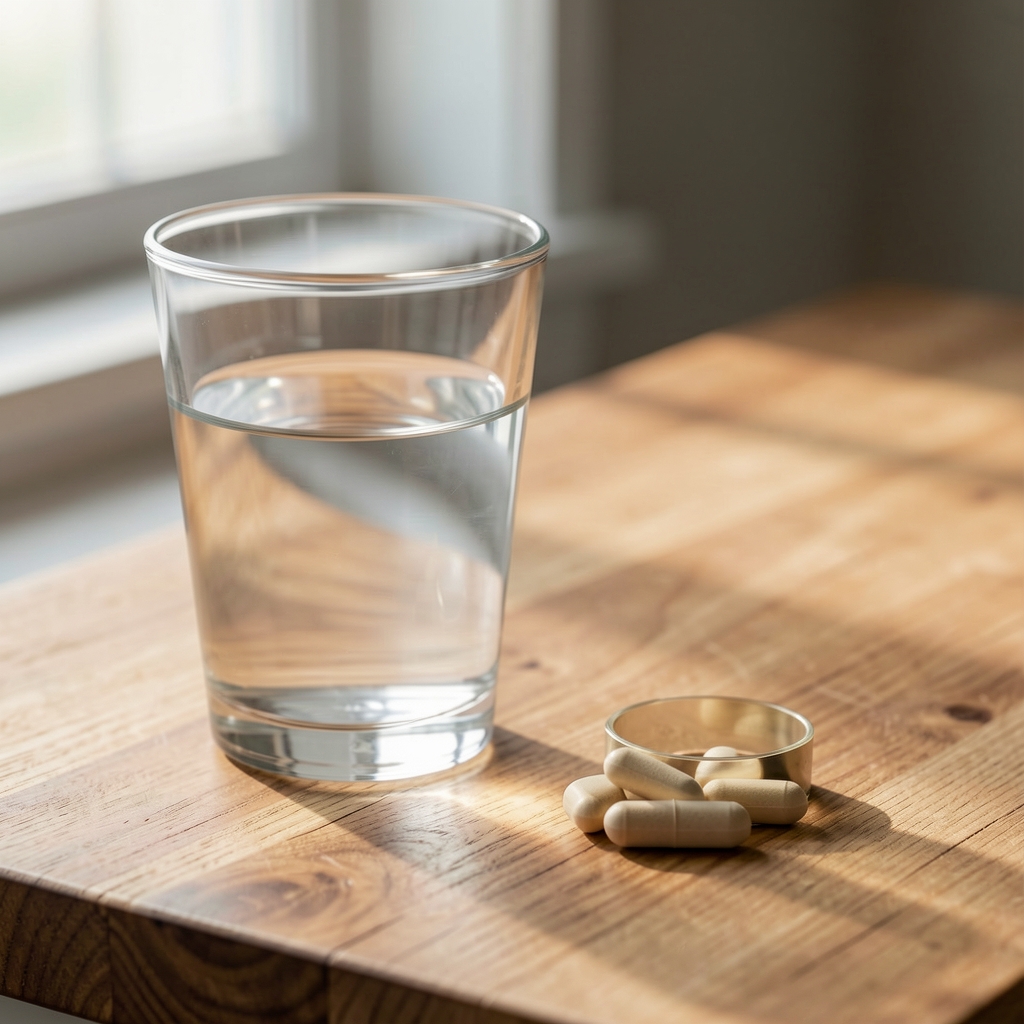 Close-up flat-lay of a glass of water alongside an open journal with handwritten notes on nutrient intake schedule, resting on a wooden morning preparation surface