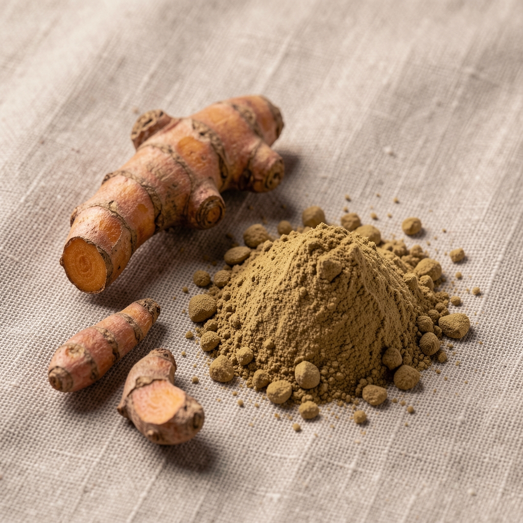 Macro photograph of dried plant-based botanical ingredients including turmeric root and ashwagandha powder arranged on a neutral linen surface under controlled lighting
