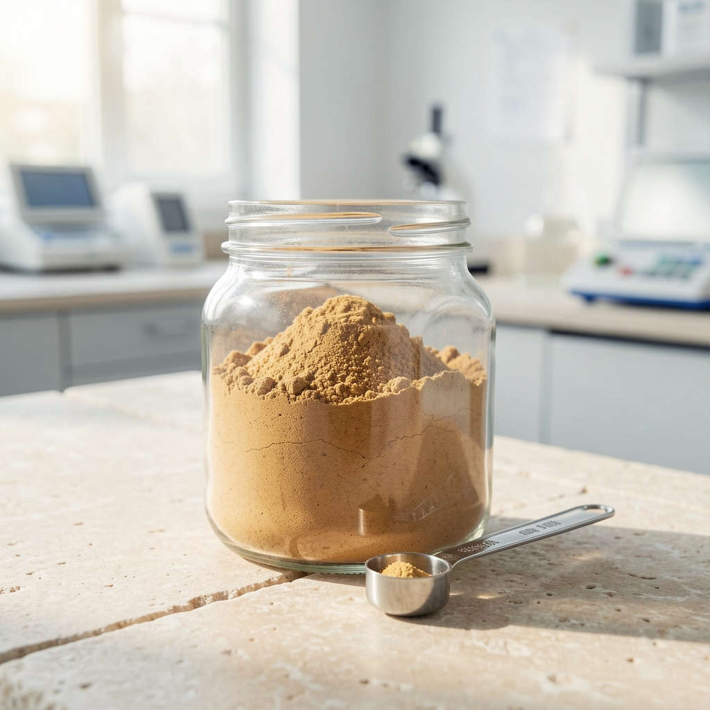 A glass jar of mineral supplement powder with a measurement spoon resting on a light stone countertop in a bright quality-control environment