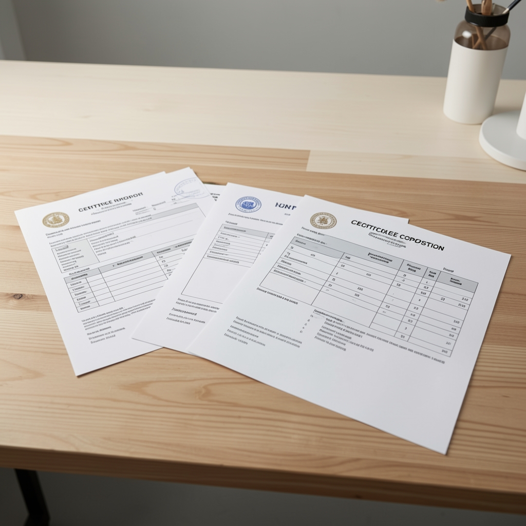 Sourcing documentation papers spread across a wooden table in a clean workspace, showing certificate of composition forms and ingredient analysis sheets under studio lighting