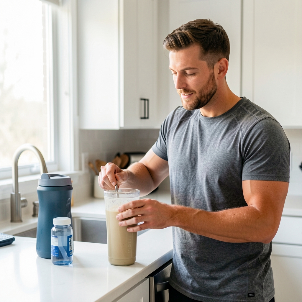 Active man in his early thirties preparing a post-workout recovery shake at a bright kitchen counter with natural daylight streaming through a window