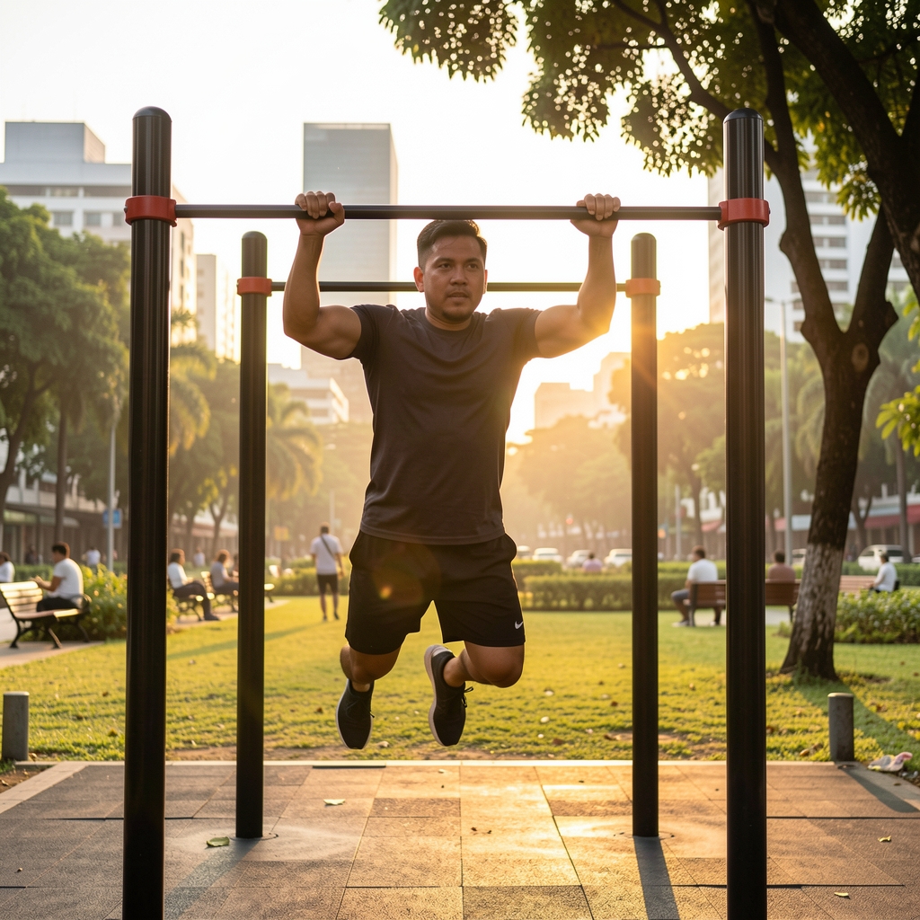 Man doing morning strength training outdoors in Jakarta, performing pull-ups on a bar in a well-lit urban park at early sunrise