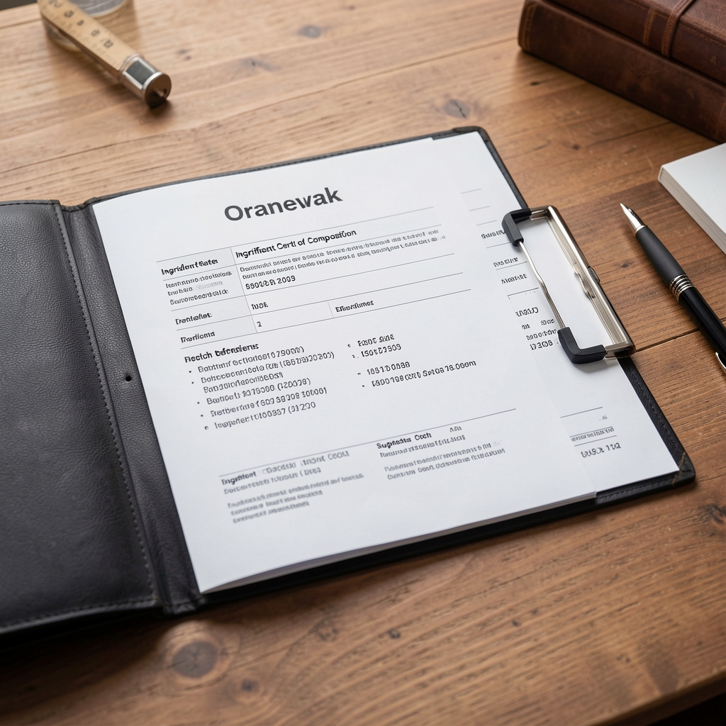 Oranevak supplier documentation folder open on a wooden desk showing ingredient certificates of composition with batch reference codes and supplier contact information