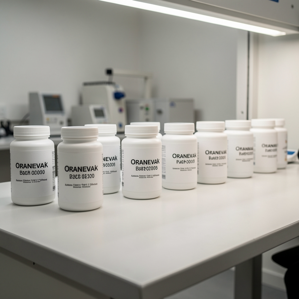 Quality-control bench with batch-coded supplement containers lined up for independent review, each labelled with Oranevak batch reference codes under controlled lighting