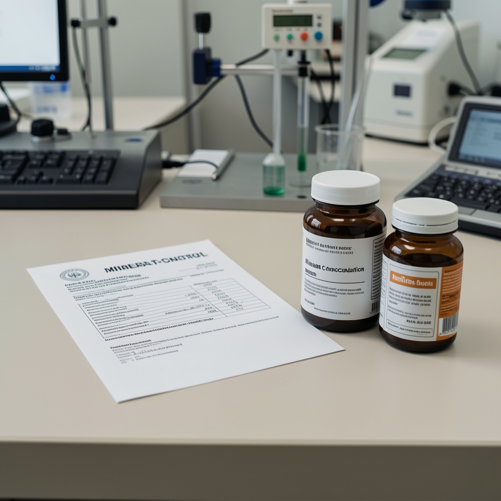 Printed laboratory analysis report for mineral concentration verification placed alongside supplement containers on a neutral-coloured desk in a quality-control environment