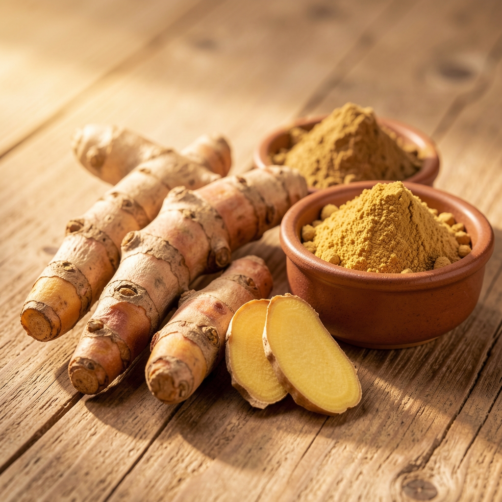 Close-up of dried turmeric root, ashwagandha powder, and ginger slices arranged in small ceramic dishes on a natural wood surface under warm lighting