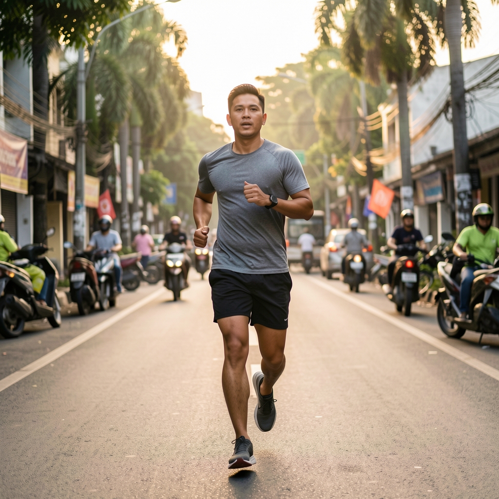 Active man in his thirties performing an outdoor morning run along a quiet Jakarta street in early light, wearing minimal athletic gear