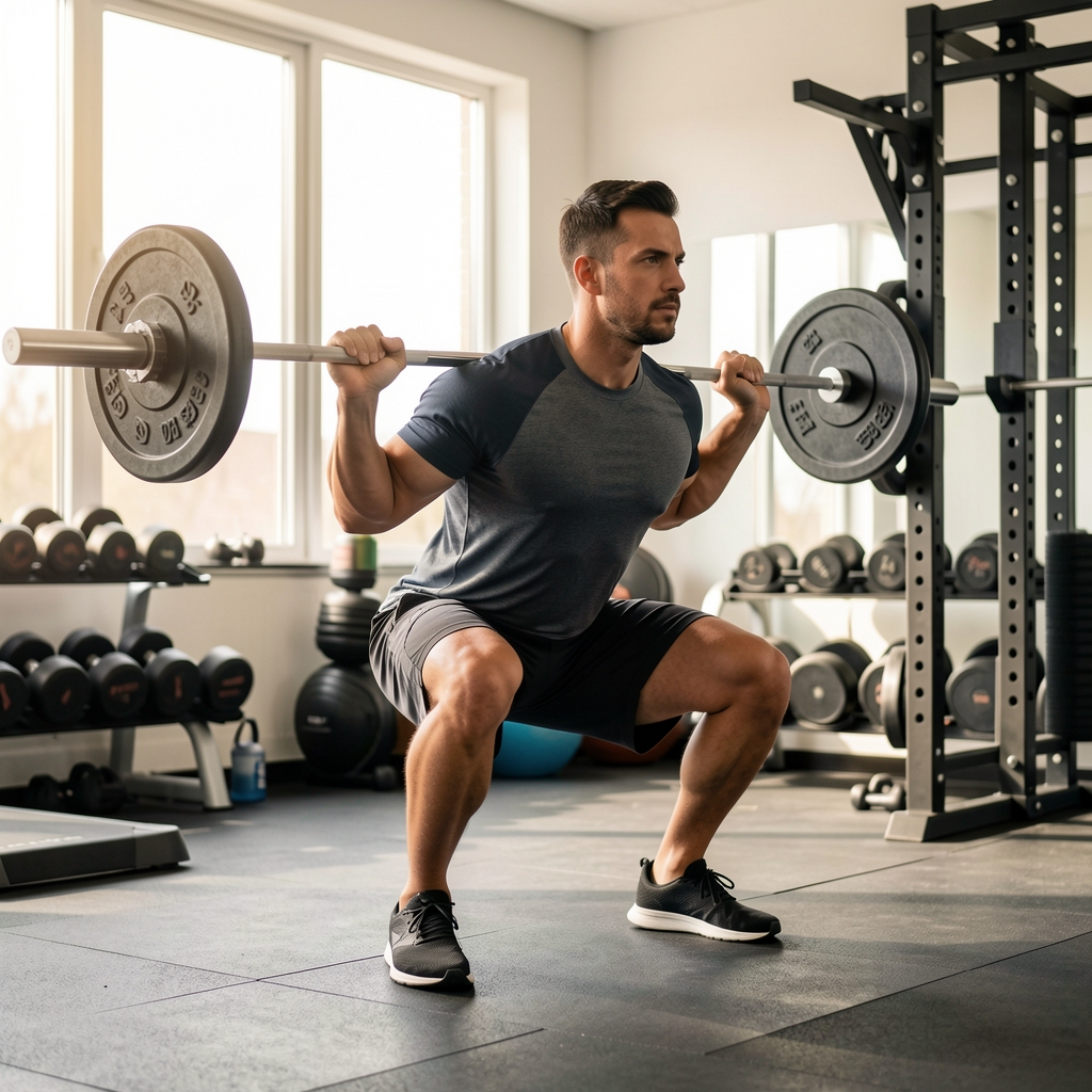 Man performing barbell squats in a well-equipped home gym with natural light, focused posture during a strength training session