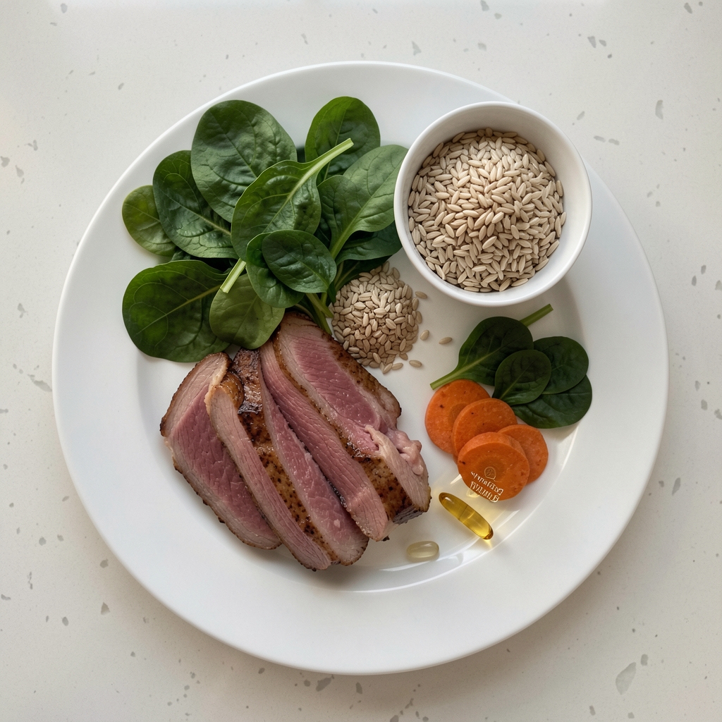 Top-down view of a balanced meal preparation showing lean protein, whole grains, leafy greens, and a vitamin D supplement on a light countertop surface