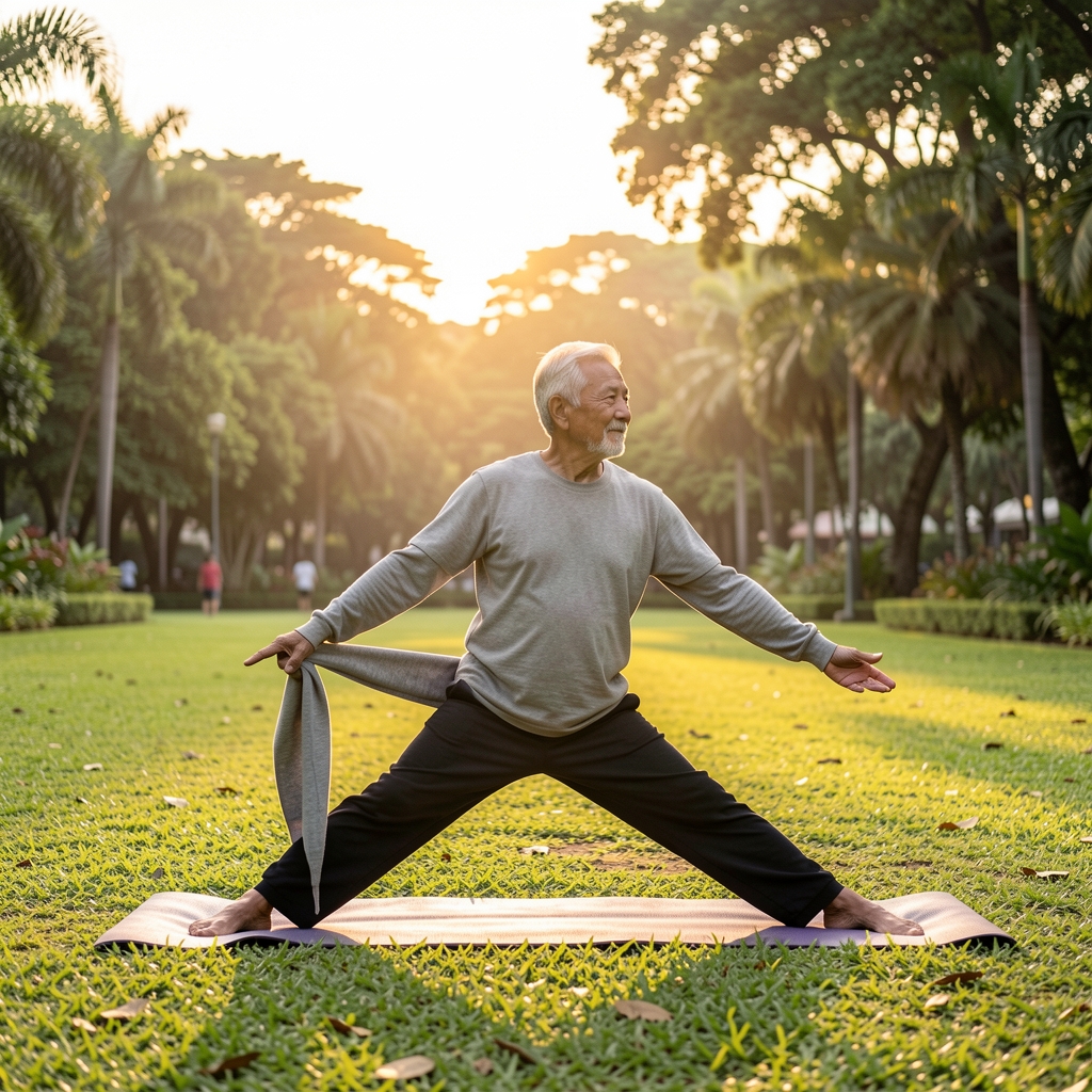 Mature active man in his forties doing outdoor yoga stretches at sunrise in a Jakarta park, demonstrating flexibility and balanced ageing