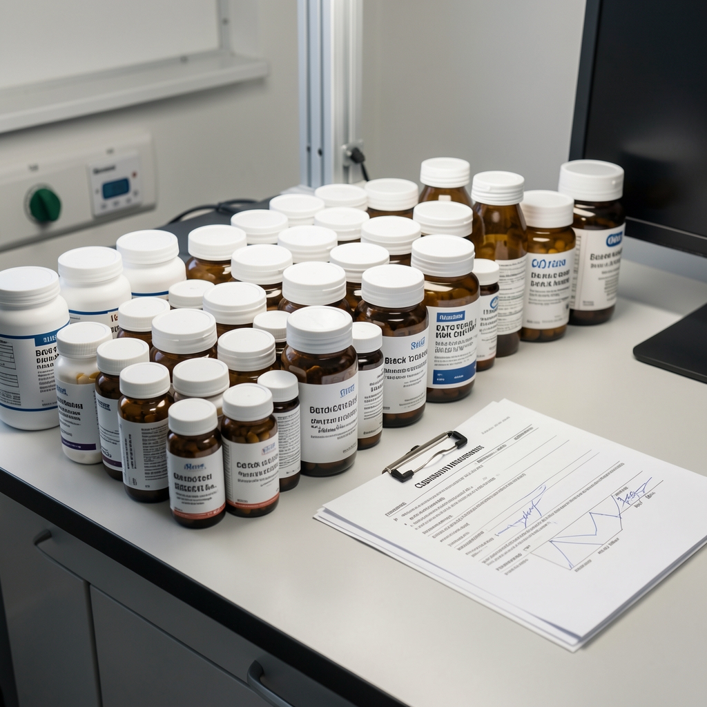 Quality-control bench with batch-coded supplement containers arranged in rows, alongside composition verification sheets under bright controlled lighting