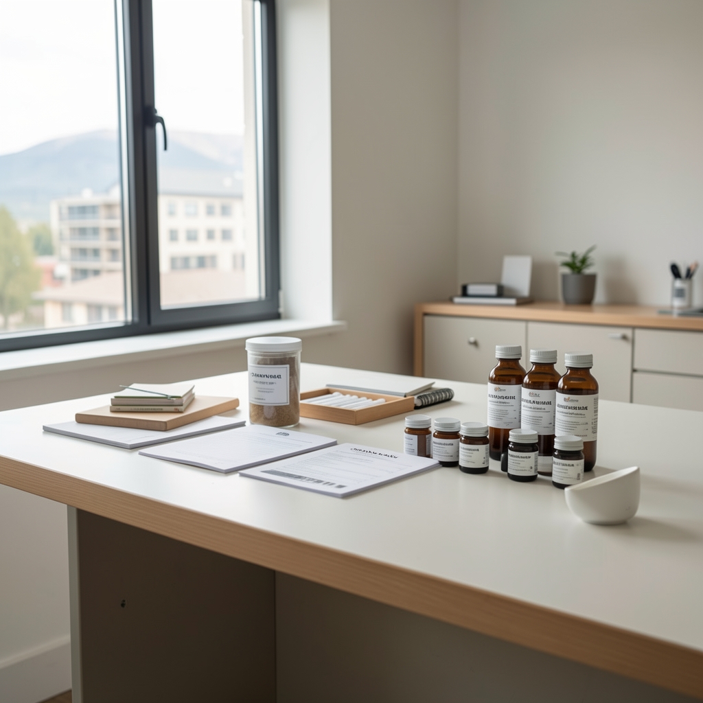 Wide-angle view of the Oranevak studio workspace showing a clean surface with ingredient reference materials and natural light from a large window
