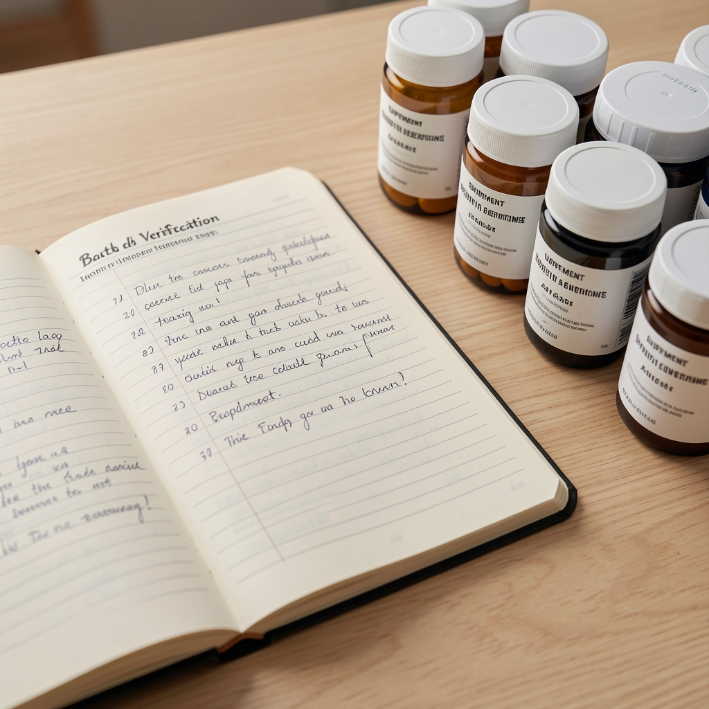 Close-up of an open batch verification logbook with handwritten records alongside a series of labelled supplement containers on a light wooden surface